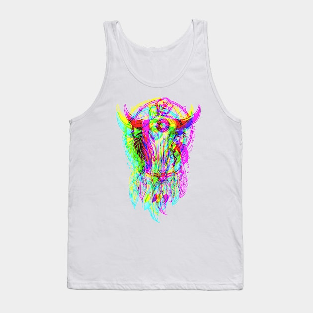 Bull Skull Dreamcatcher - Psychedelic Neon Colored Tank Top by EDDArt